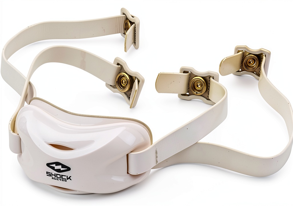 Installing Shock Doctor Football Chin Strap Youth Adult on a wooden desk