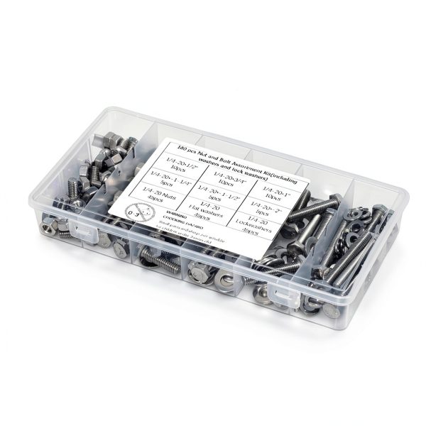 180 pcs SAE Stainless Steel Nuts and Bolts Assortment Kit, Including 6 Sizes 1/4-20 Hex Bolts,Flat Washers, Lock Washers. Packaged by Plastic Box, Made by 304 Stainless Steel-4